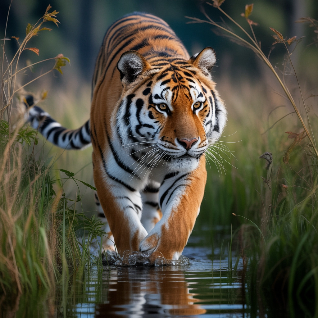 A photorealistic capture of a wild tiger prowling through tall grass.