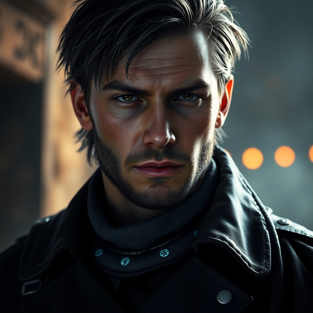 A photorealistic portrait of a detailed character designed for a game. A futuristic soldier in battle-worn armor in dramatic lighting with a cinematic backdrop.