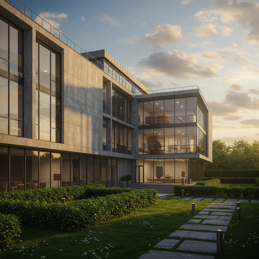 A photorealistic rendering of a minimalist glass-and-steel office building or a sleek residential home—captured during golden hour with soft, directional sunlight casting realistic shadows