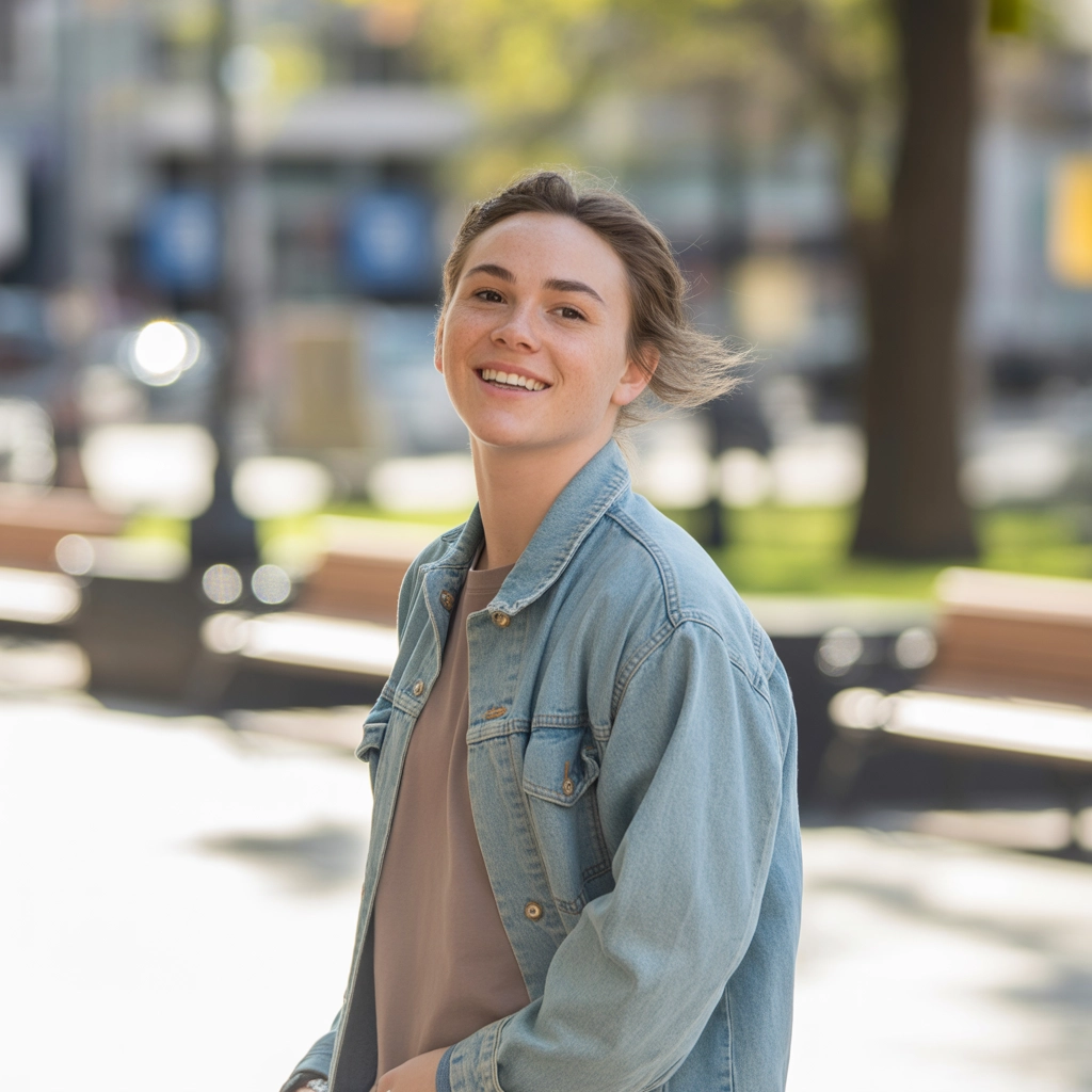 A casually styled portrait of a young adult outdoors in soft, natural daylight.