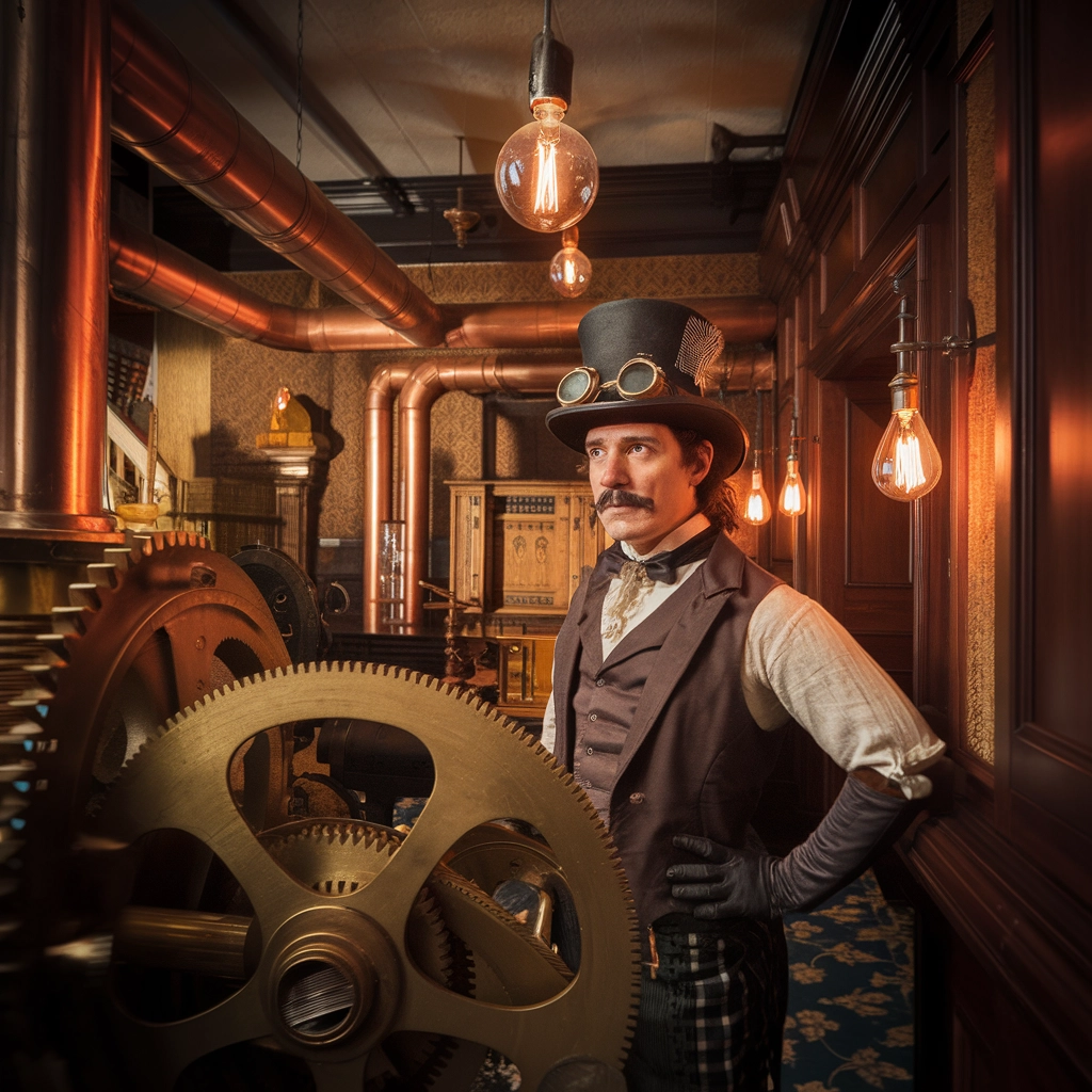 AI-generated steampunk escape room full of mechanical steampunk puzzles.