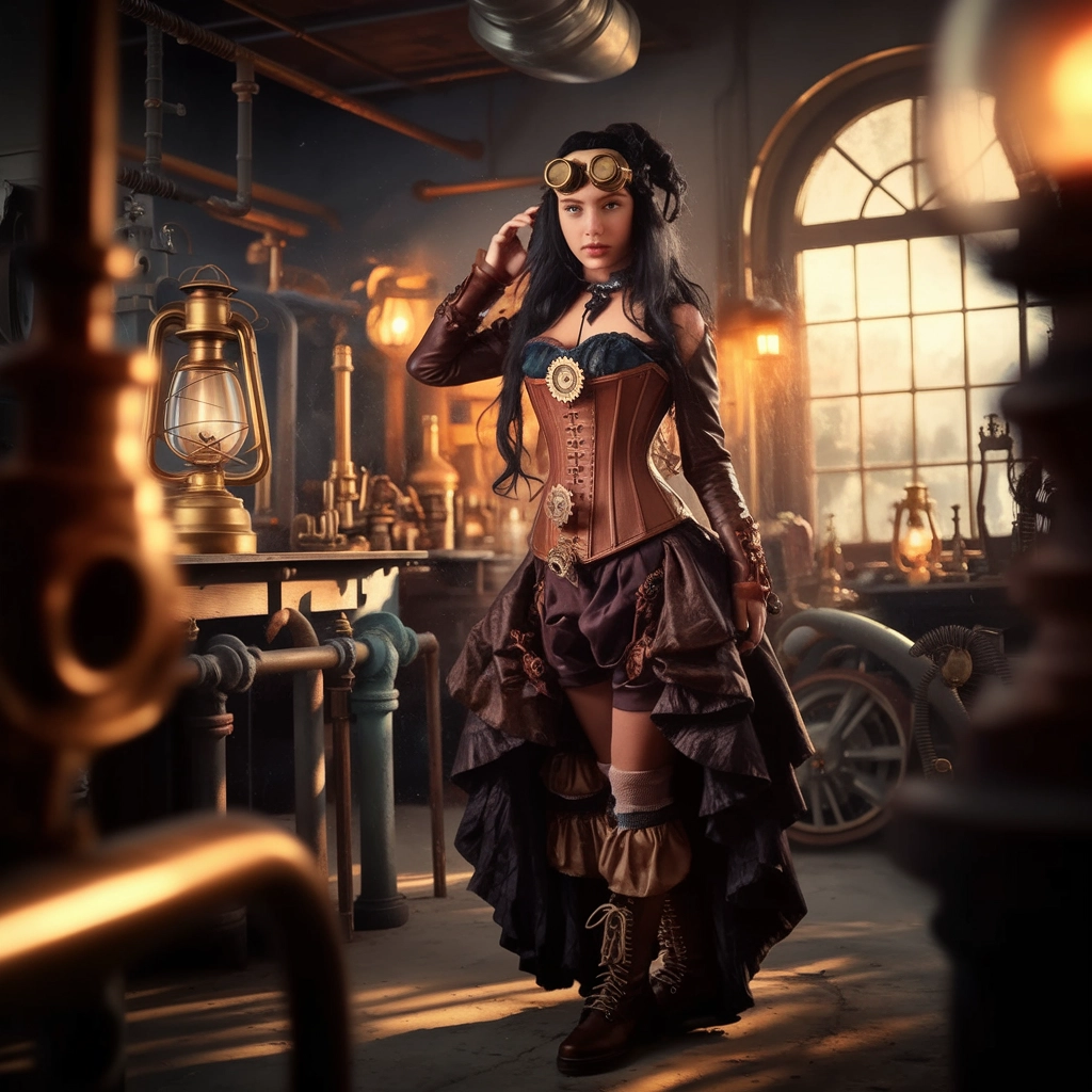 AI-generated fashion poptrait of a young woman wearing a flowy victorian steampunk dress complete with steampunk assecories.