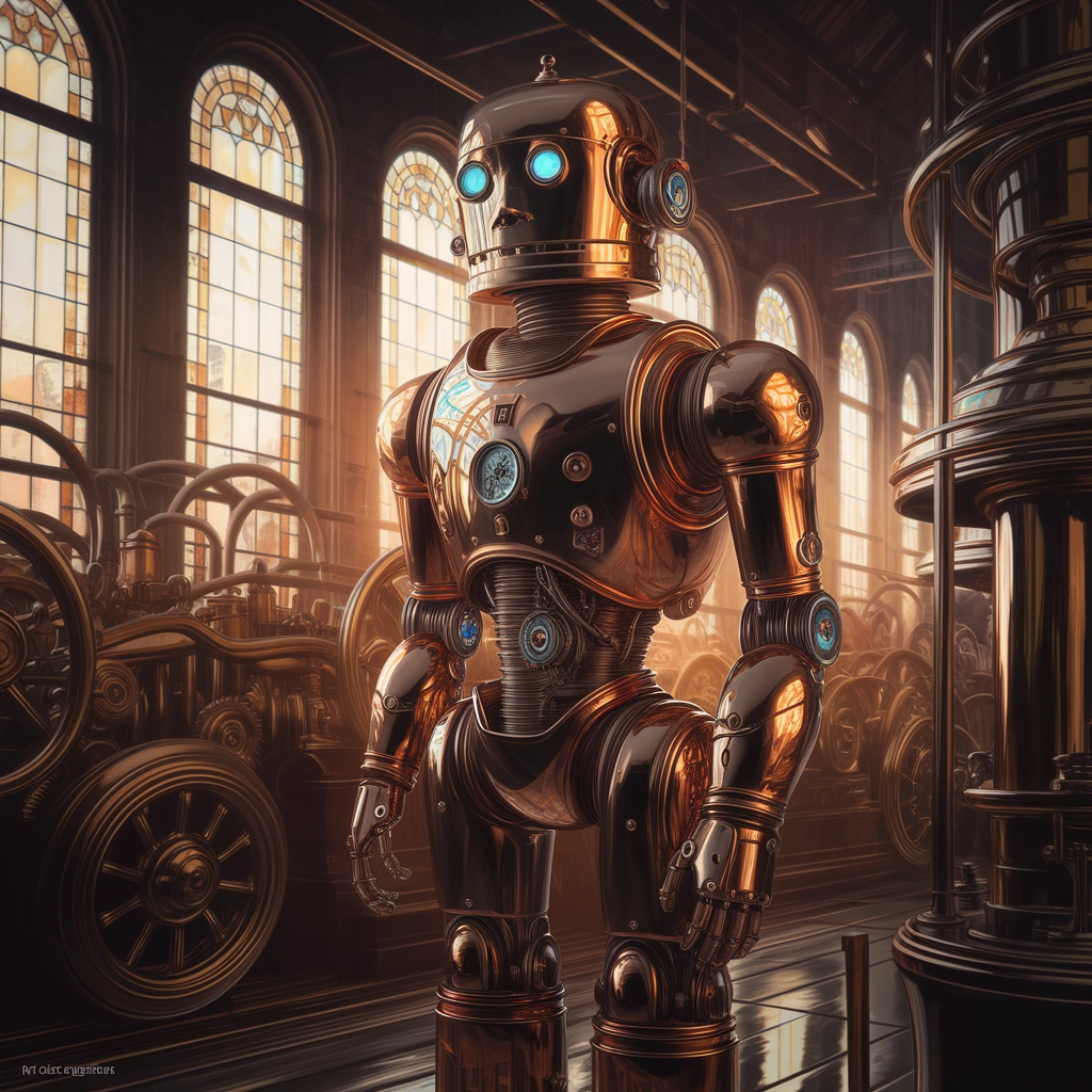 AI-generated steampunk robot concept art.