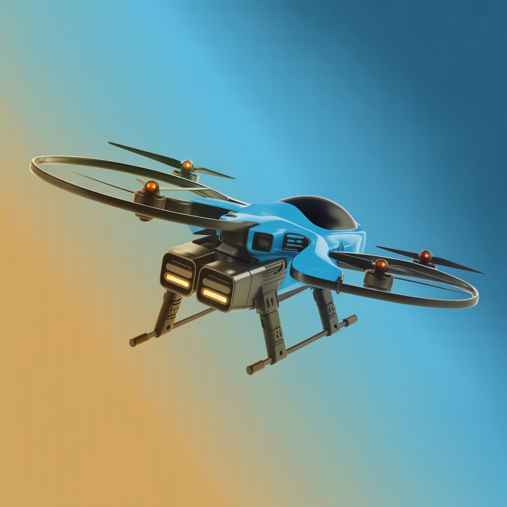 Next-generation drone, dynamic, blue-orange, modern style