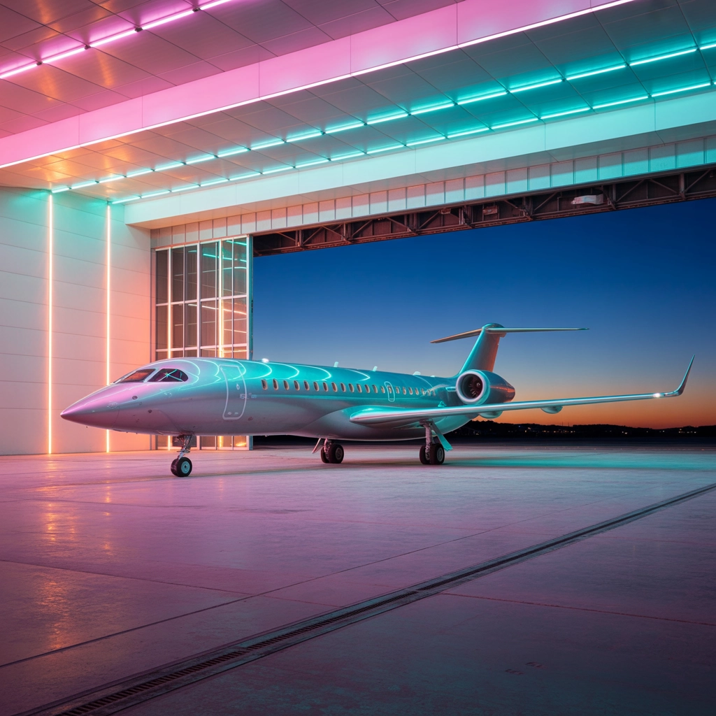 Passenger jet in neon-lit hangar, vibrant, modern layout