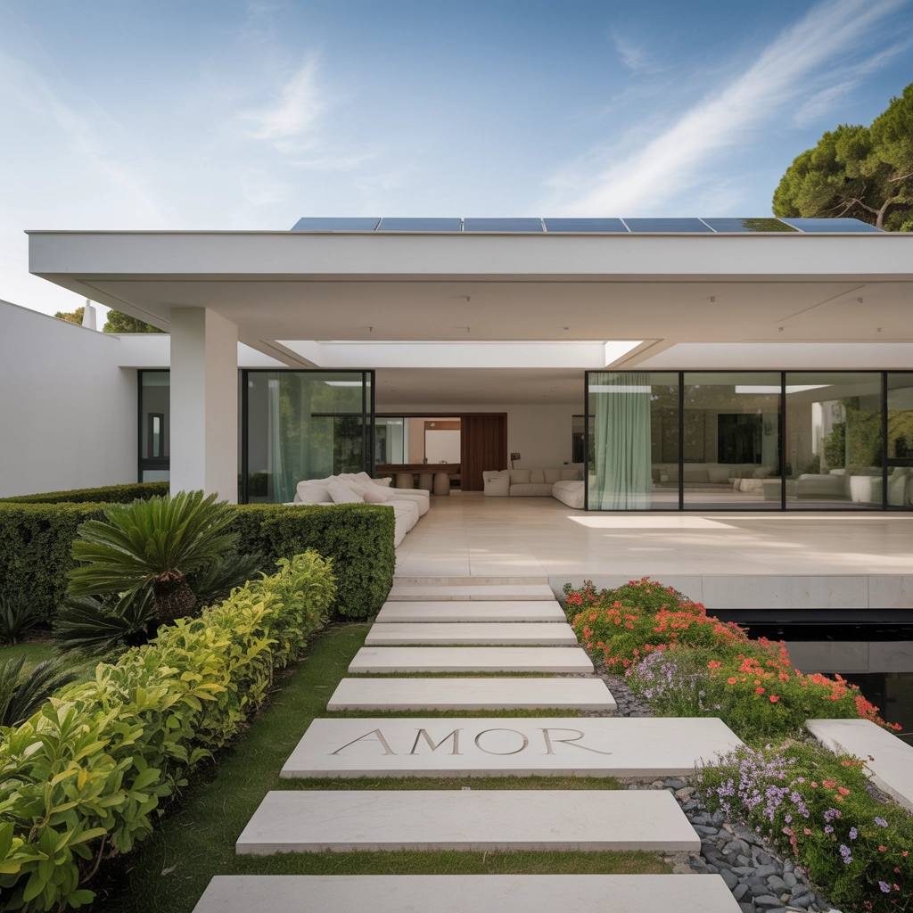 Contemporary villa exterior with lush landscaping, architectural visualization