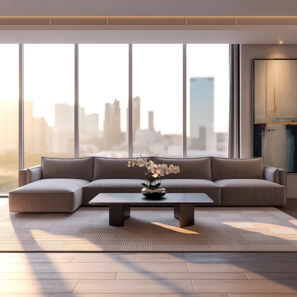 Luxury residential interior, sunlight through large windows, architectural visualization