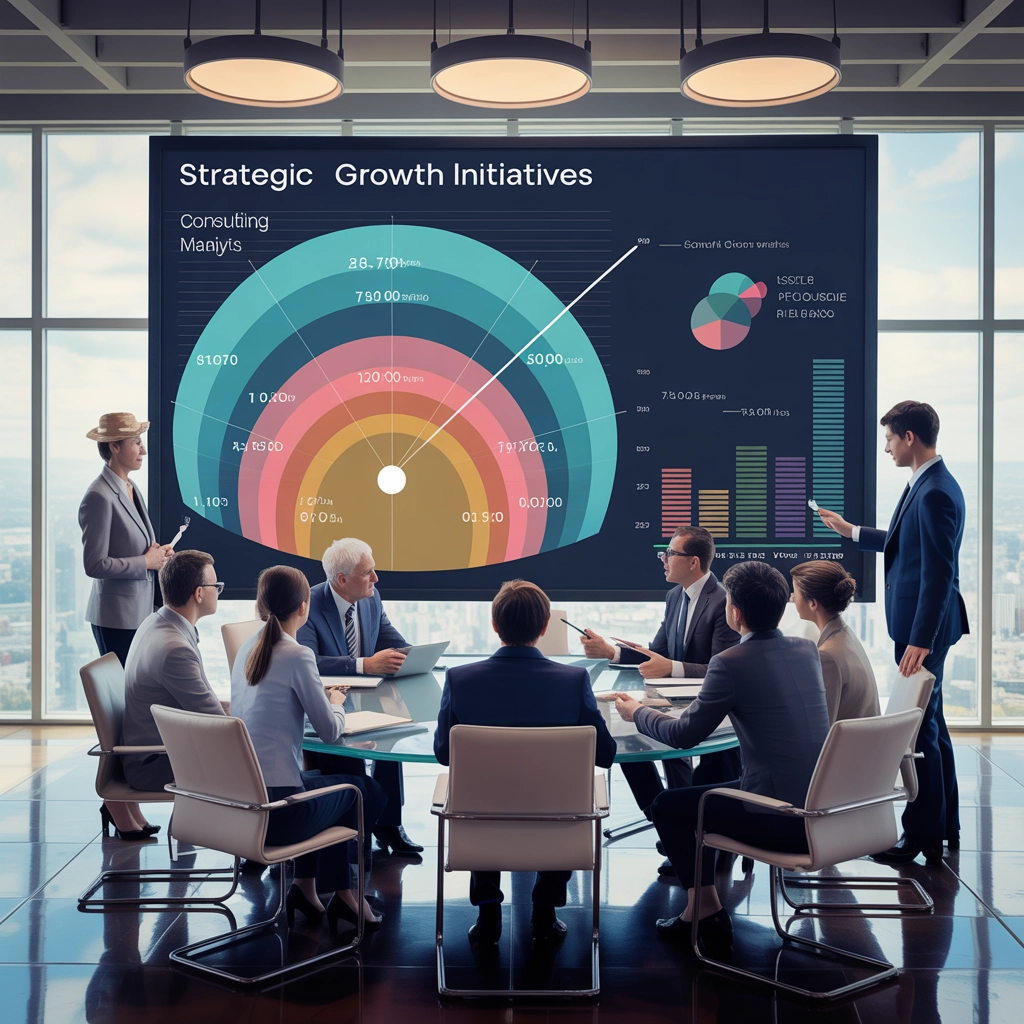 Business pitch deck, innovative business strategy, sleek modern layout, vibrant color palette