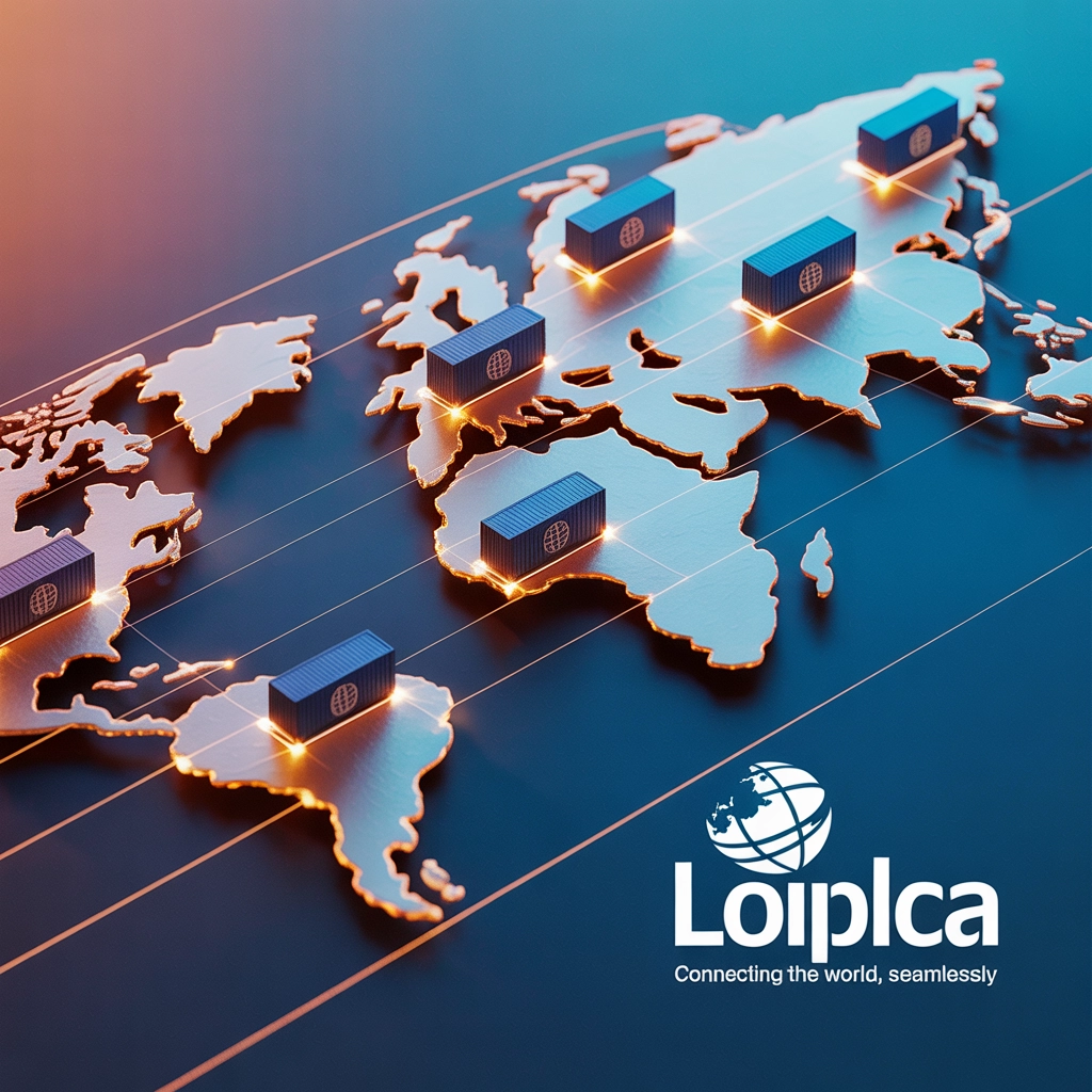 distribution network diagram, shipping containers, global map, stylized icons, contemporary vibrant look