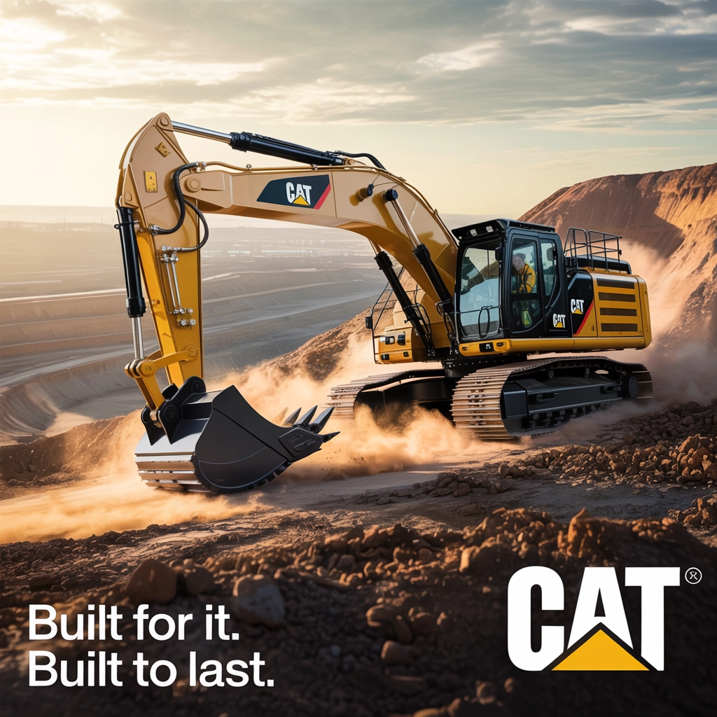 Modern excavator in action, mining ad style, dynamic layout, energetic colors