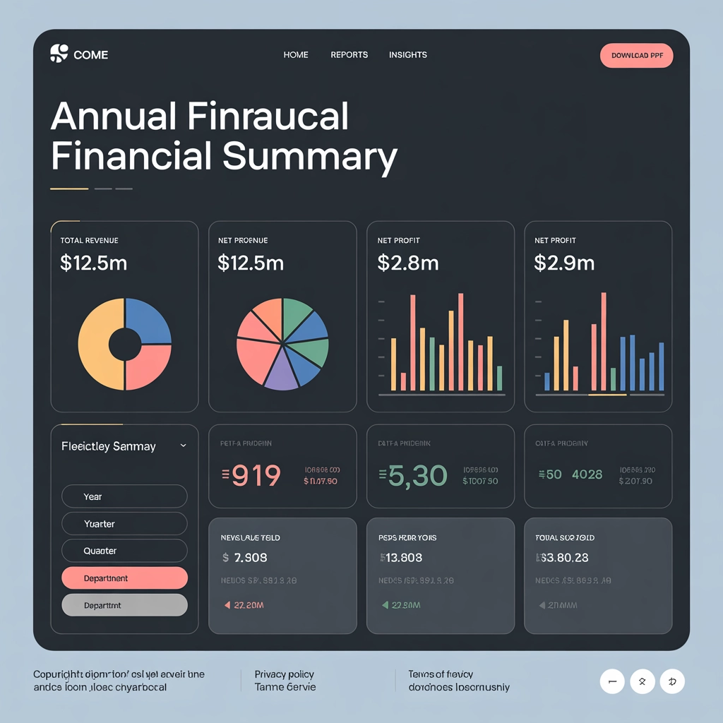 Annual financial summary with sleek dashboard and business charts