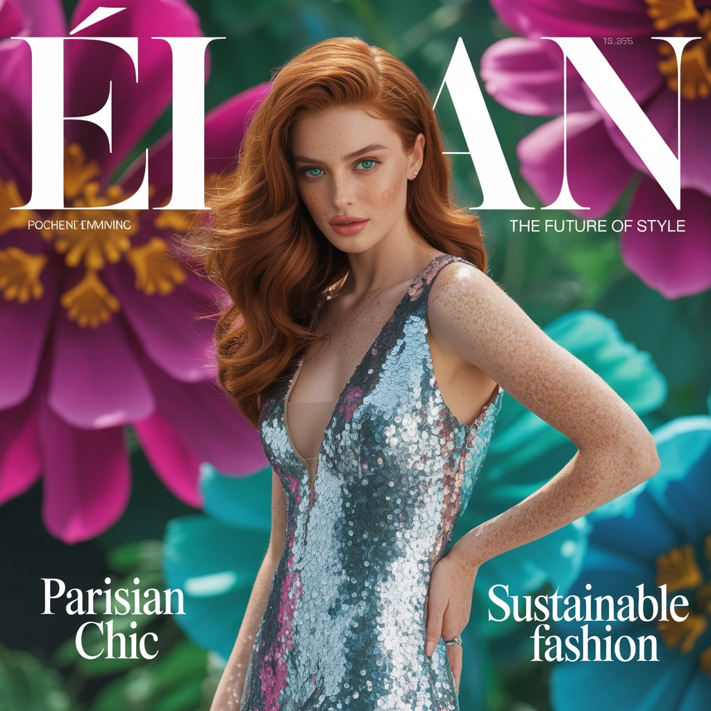 Fashion magazine cover with a glamorous model and trendy headlines