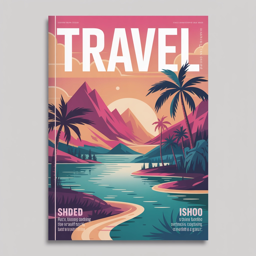 Travel magazine cover with an exotic landscape and dynamic typography