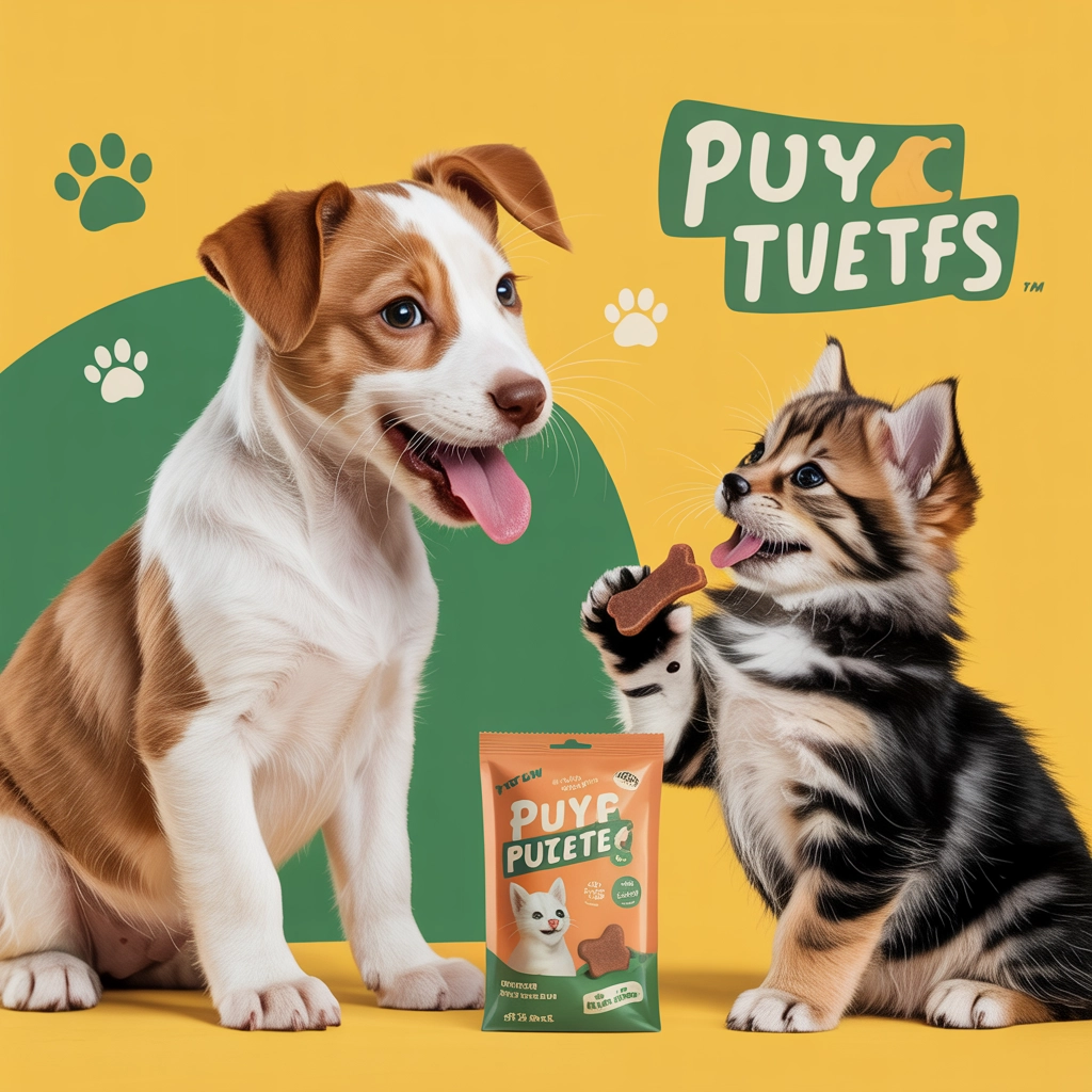 Puppy and kitten enjoying interactive pet treats in a playful pet product ad