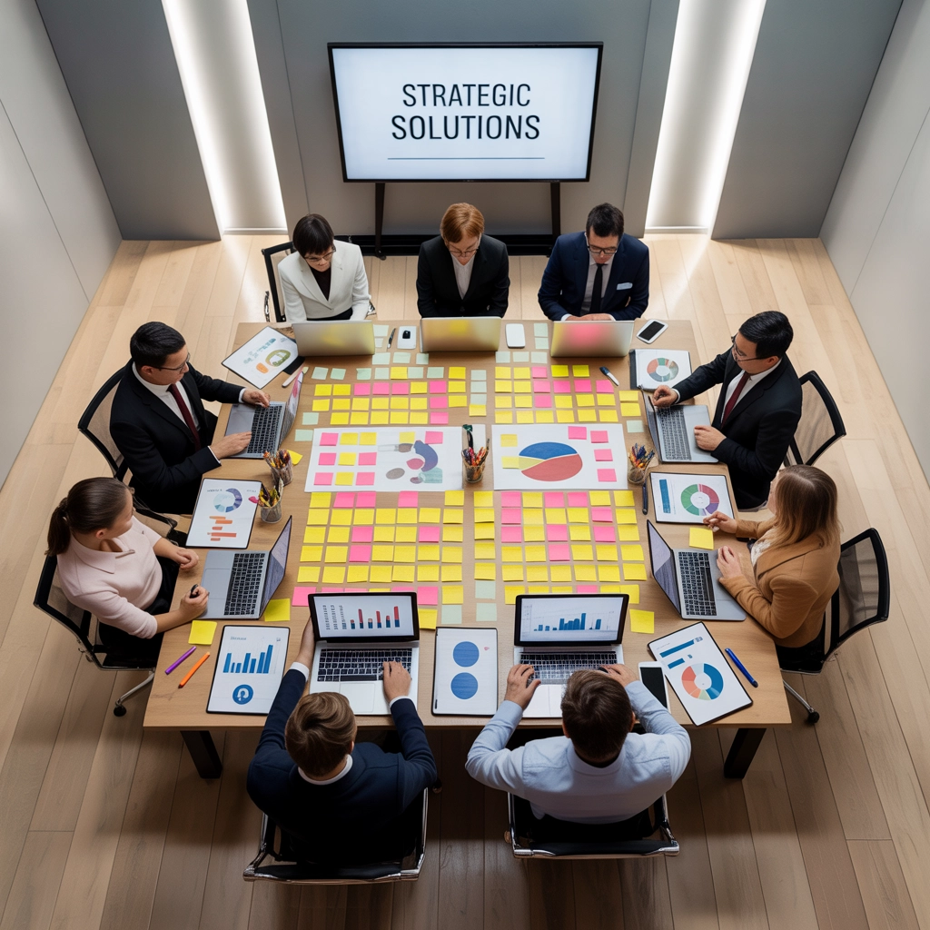 Top view of business planning workshop table with charts and laptops