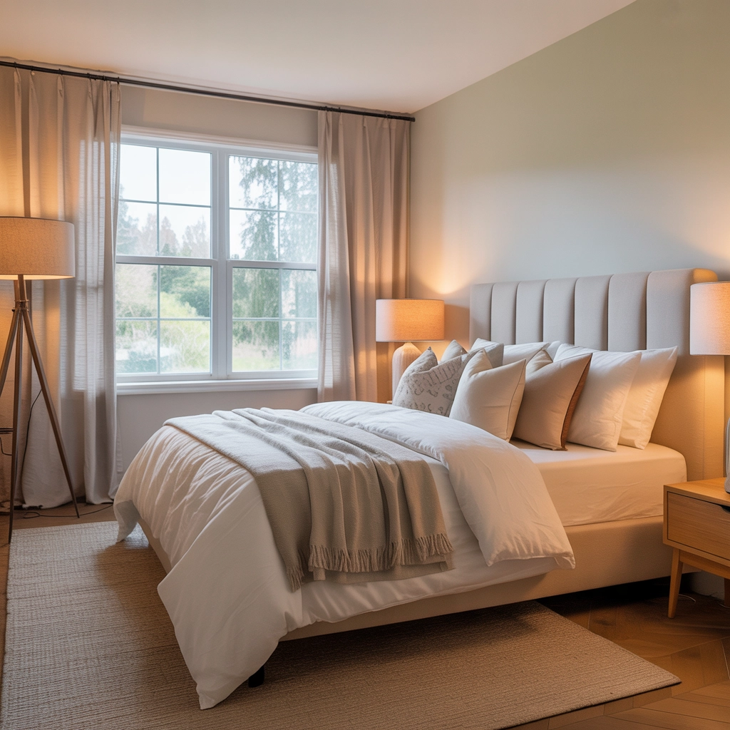 Virtually staged cozy bedroom with modern decor