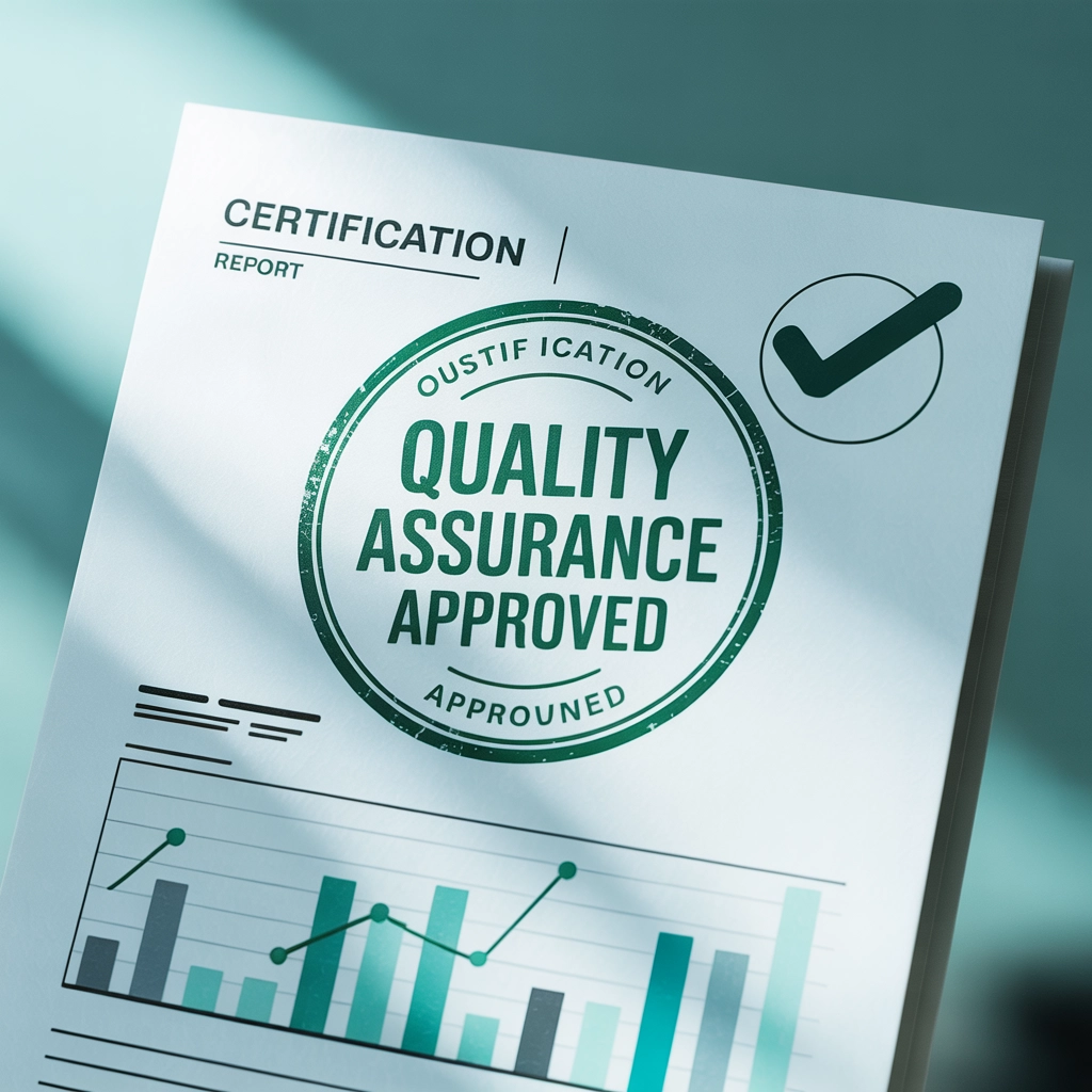 Certification approval with QA stamp and modern visuals