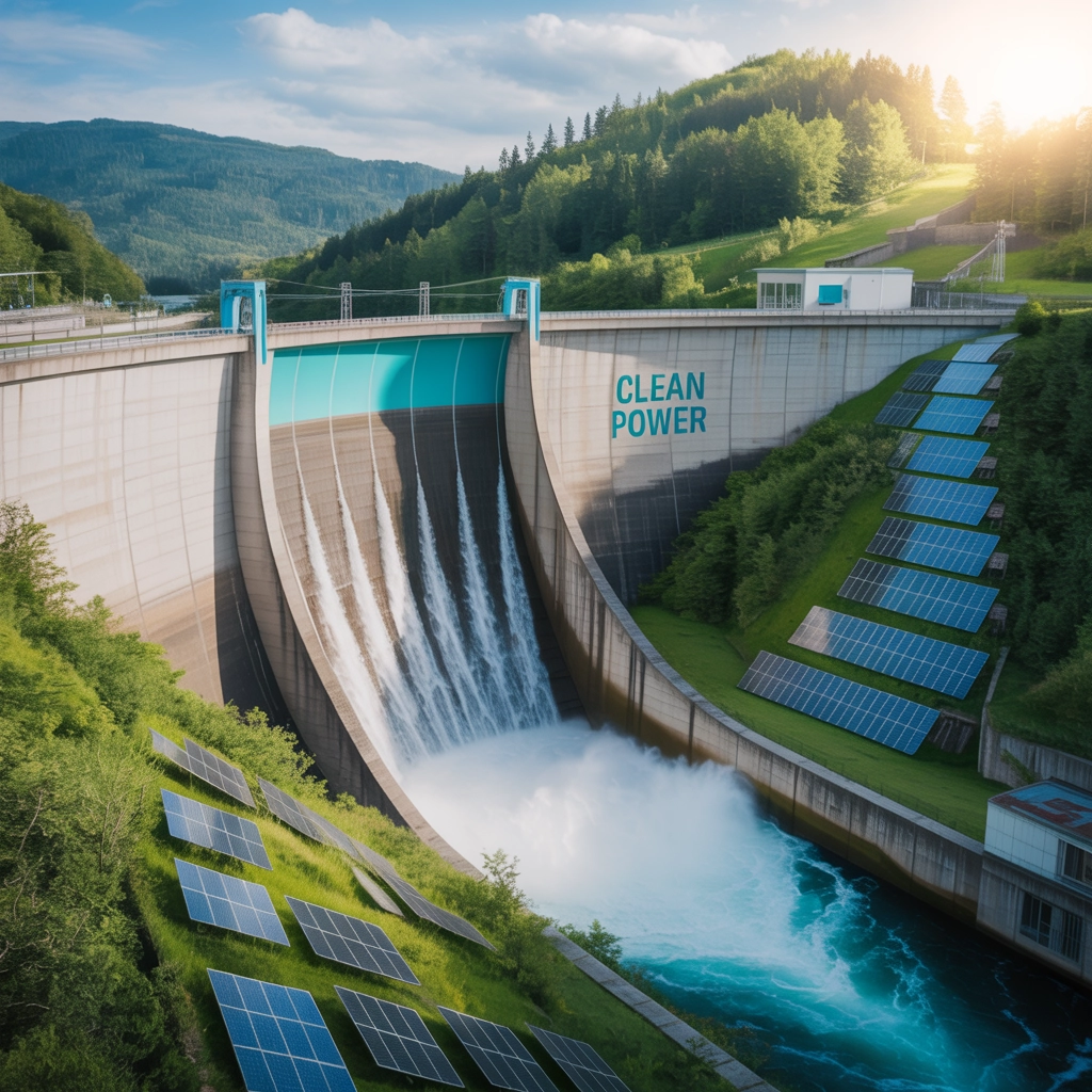 hydroelectric dam with flowing water, surrounded by nature, modern style, eco visuals, renewable energy, vibrant colors