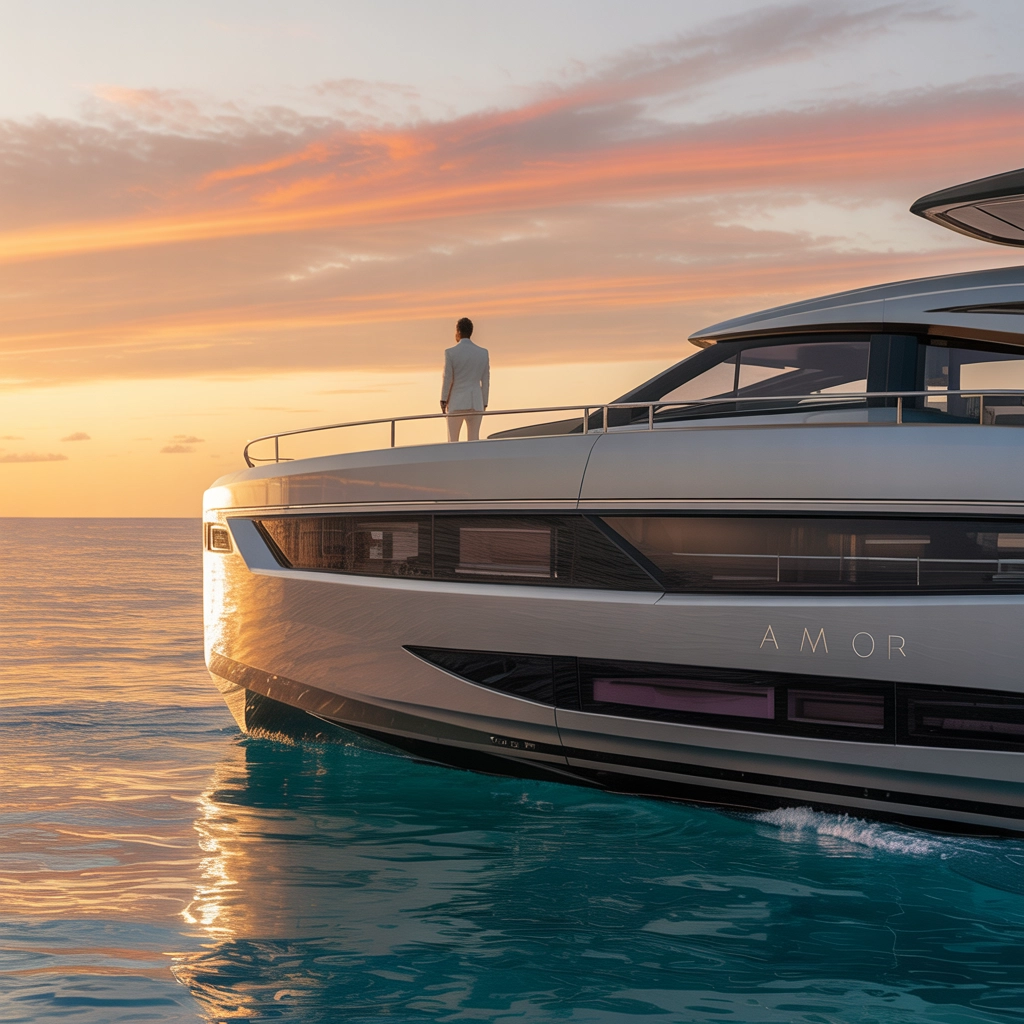 Luxury yacht concept, modern ship design with vibrant ocean blues