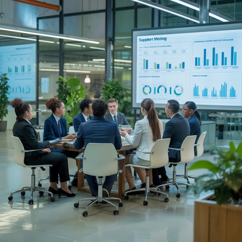 Modern supplier meeting with charts and business team