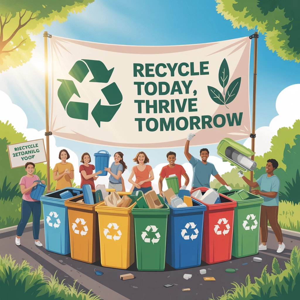 Community recycling event, diverse group of people participating, sustainability initiative