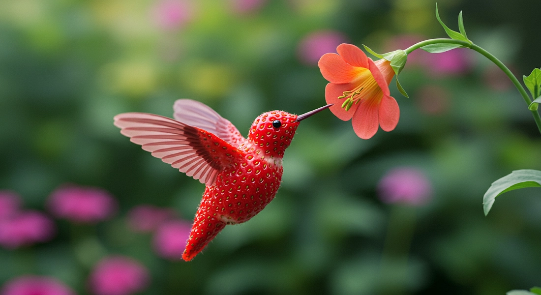 Imagen 3 generated image: Strawberry hummingbird macro photo