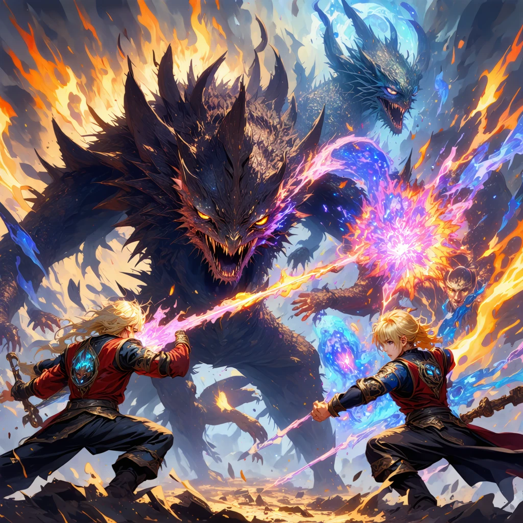 Epic Battle Scene Between Heroes and Monsters in Anime Style